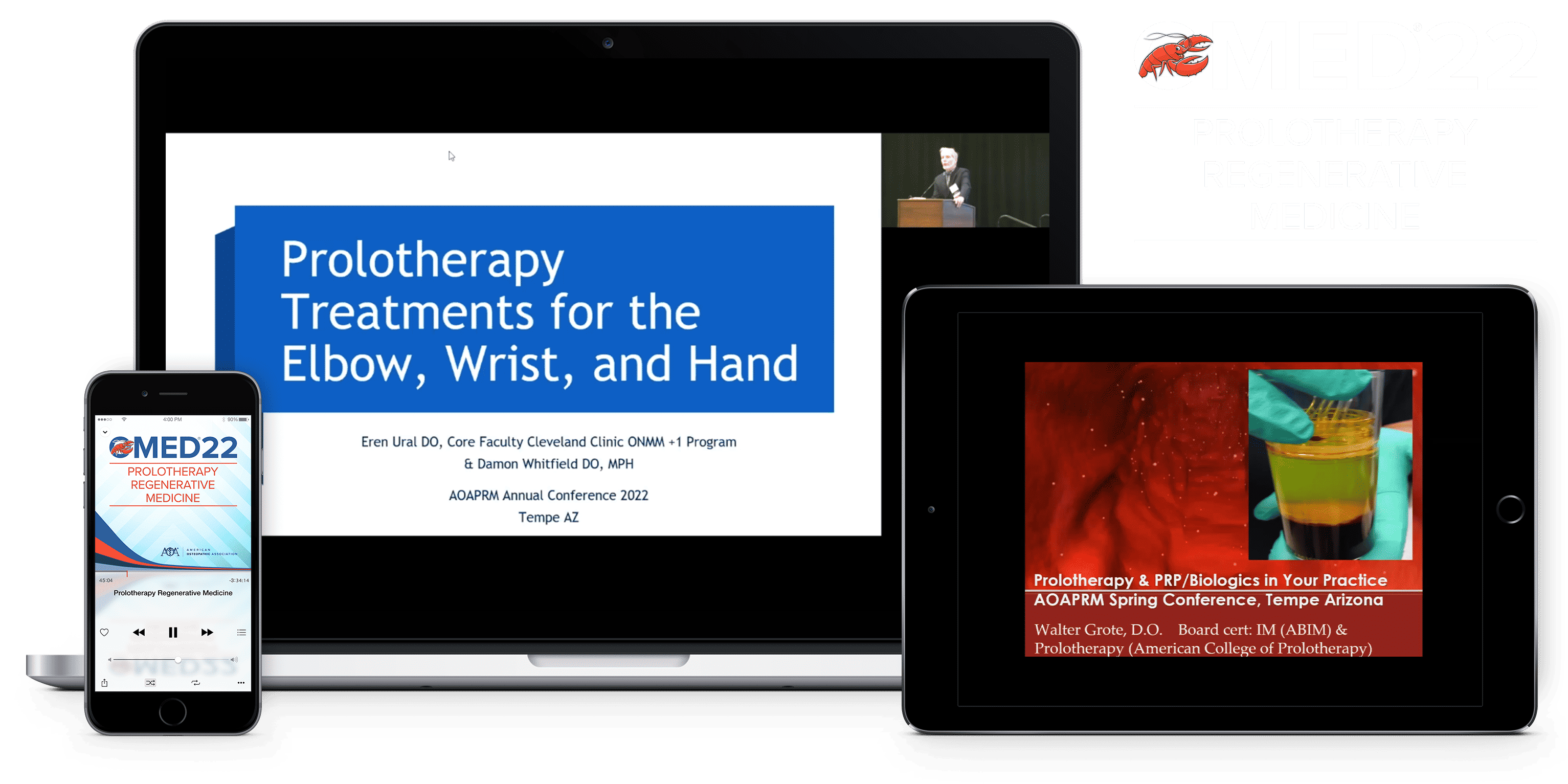 Laptop, tablet, and phone with OMED 2022 - Prolotherapy Regenerative Medicine course on screen