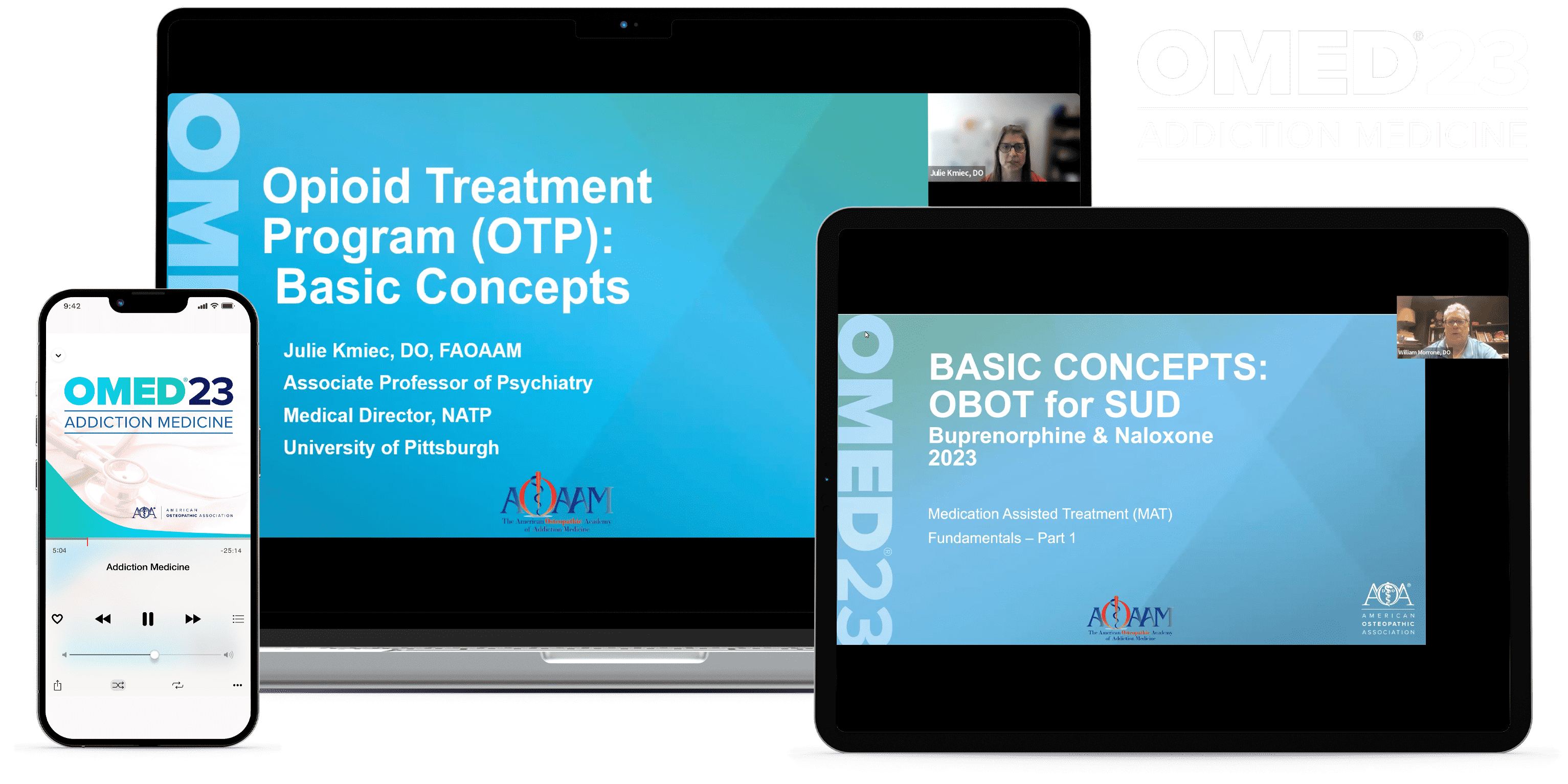 Laptop, tablet, and phone with OMED 2023 - Addiction Medicine course on screen