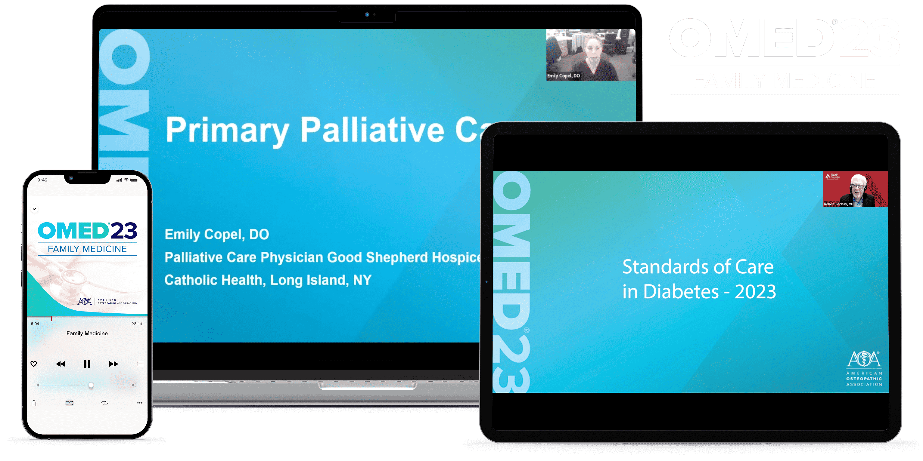 Laptop, tablet, and phone with OMED 2023 - Family Medicine course on screen