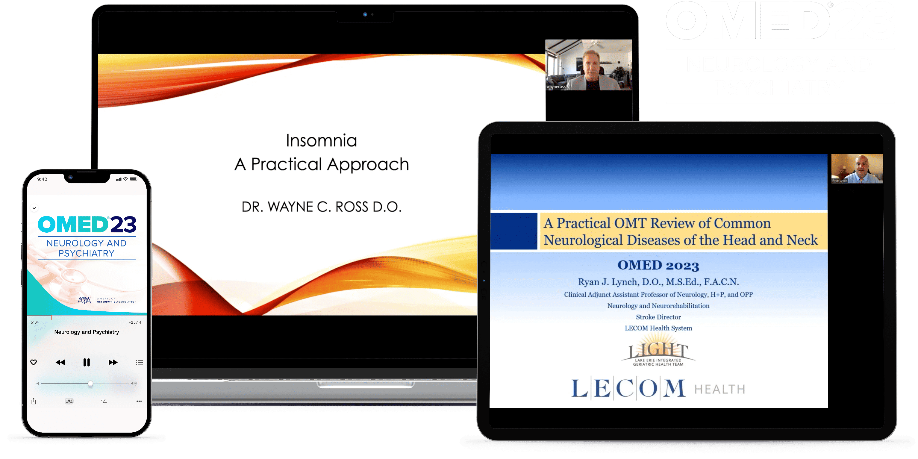 Laptop, tablet, and phone with OMED 2023 - Neurology and Psychiatry course on screen