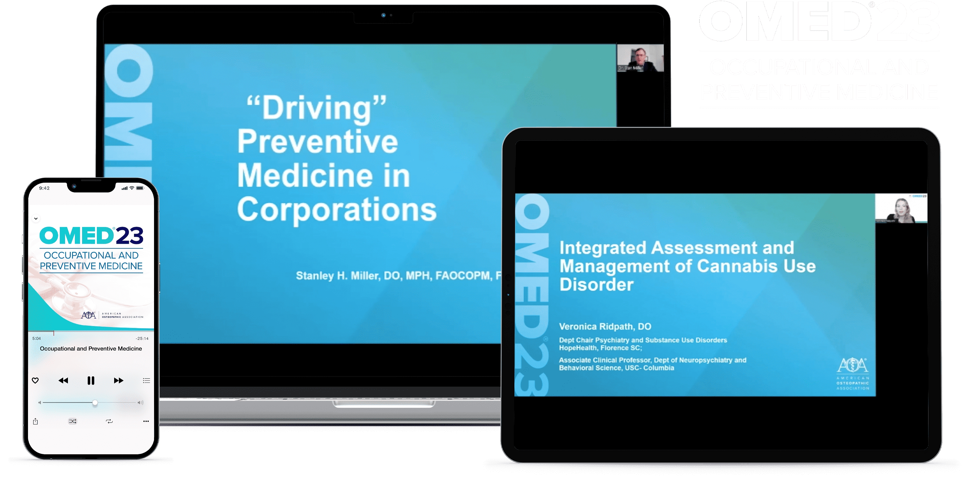 Laptop, tablet, and phone with OMED 2023 - Occupational and Preventive Medicine course on screen