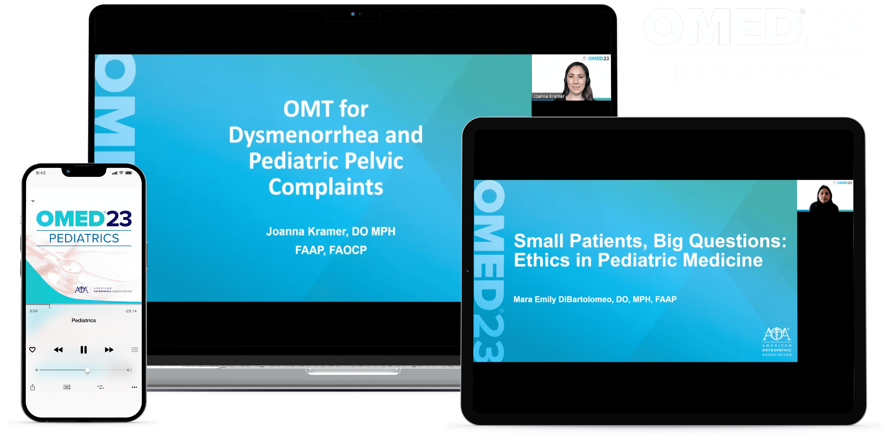 Laptop, tablet, and phone with OMED 2023 - Pediatrics course on screen