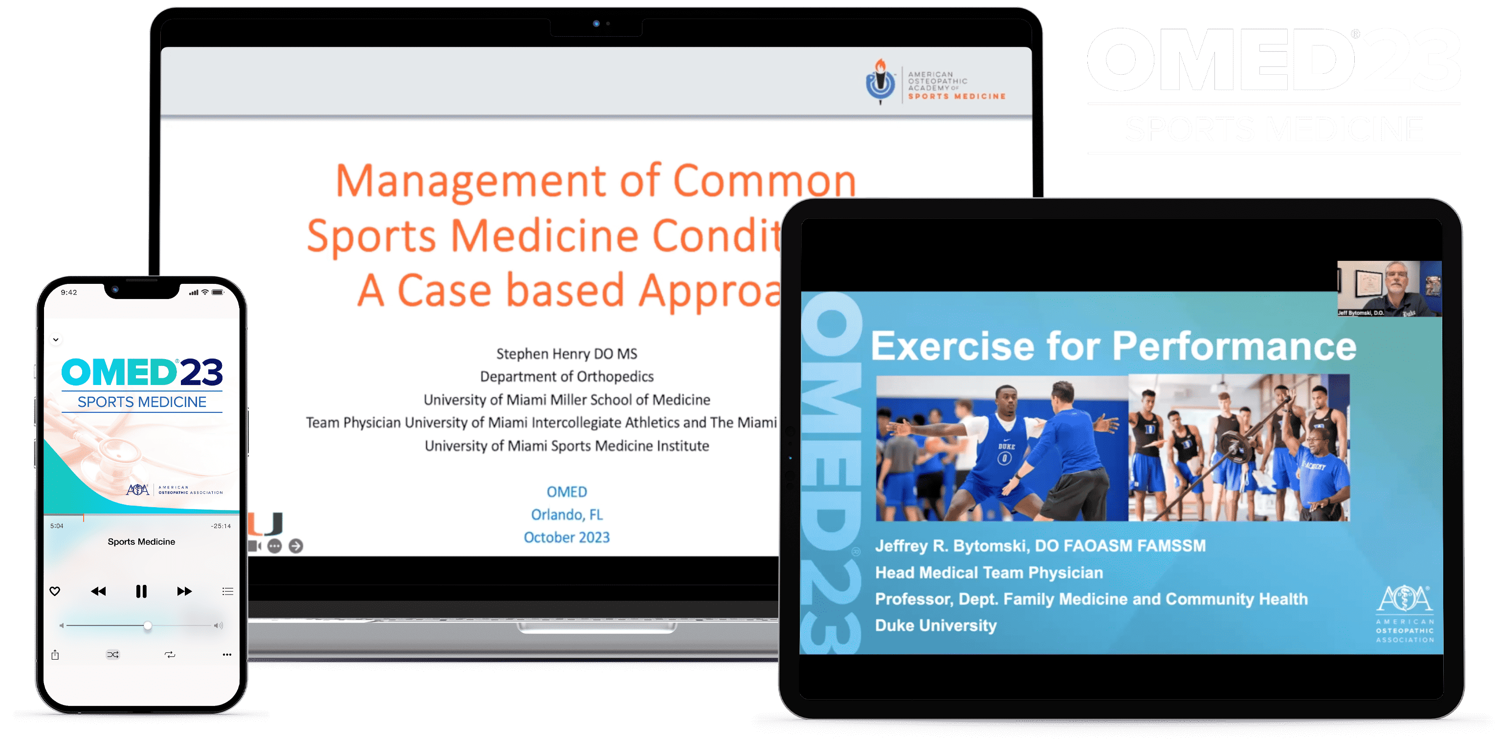 Laptop, tablet, and phone with OMED 2023 - Sports Medicine course on screen