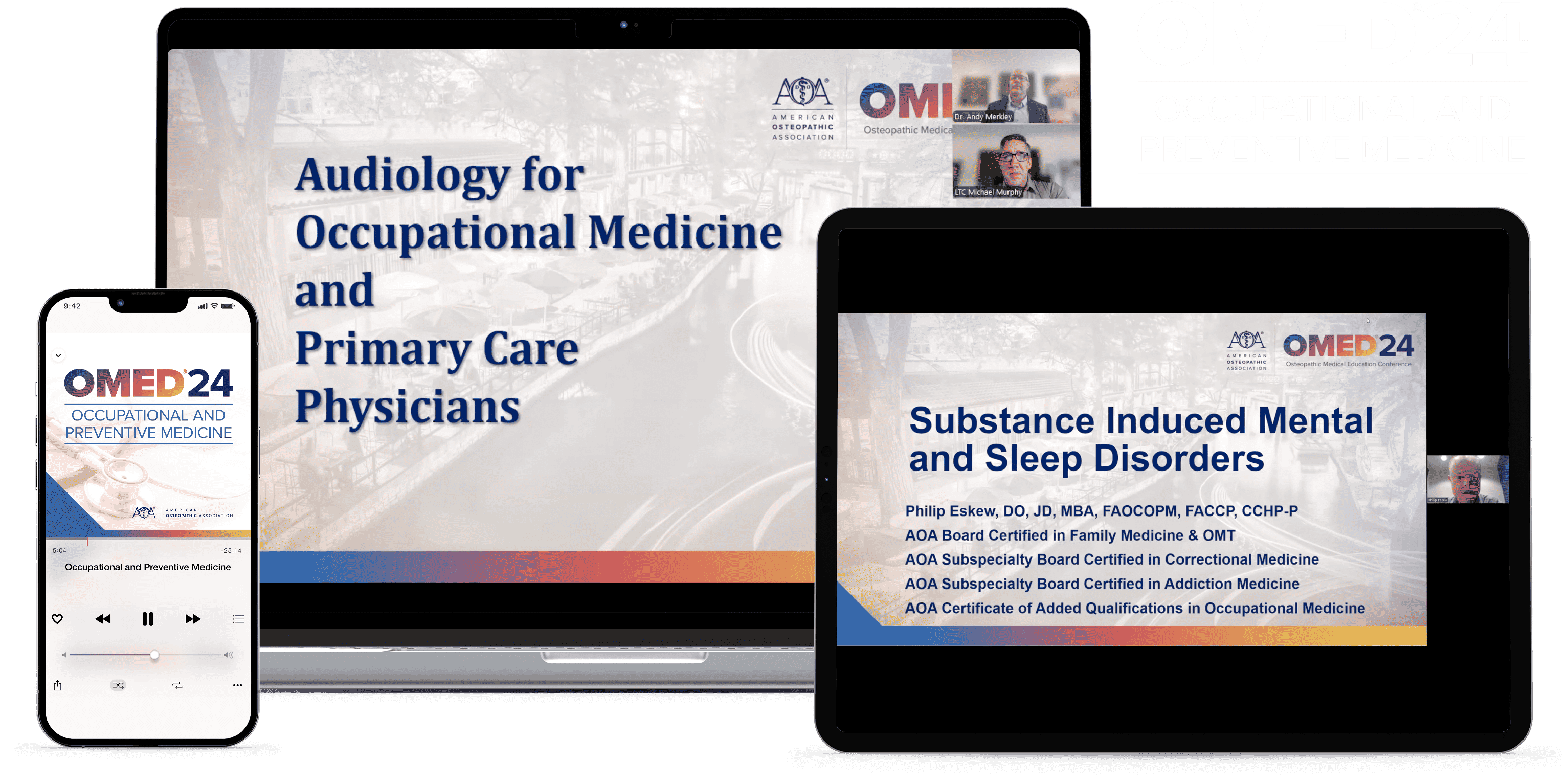 Laptop, tablet, and phone with OMED 2024 - Occupational and Preventive Medicine course on screen