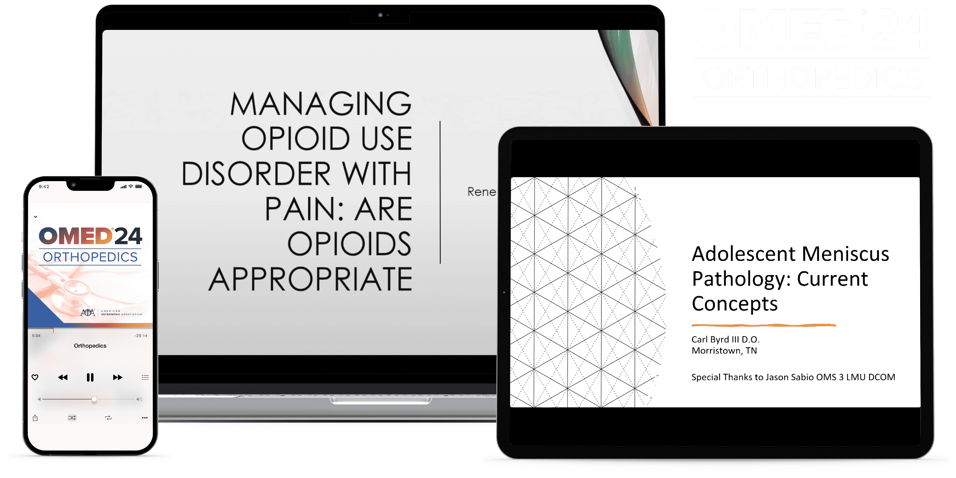 Laptop, tablet, and phone with OMED 2024 - Orthopedics course on screen