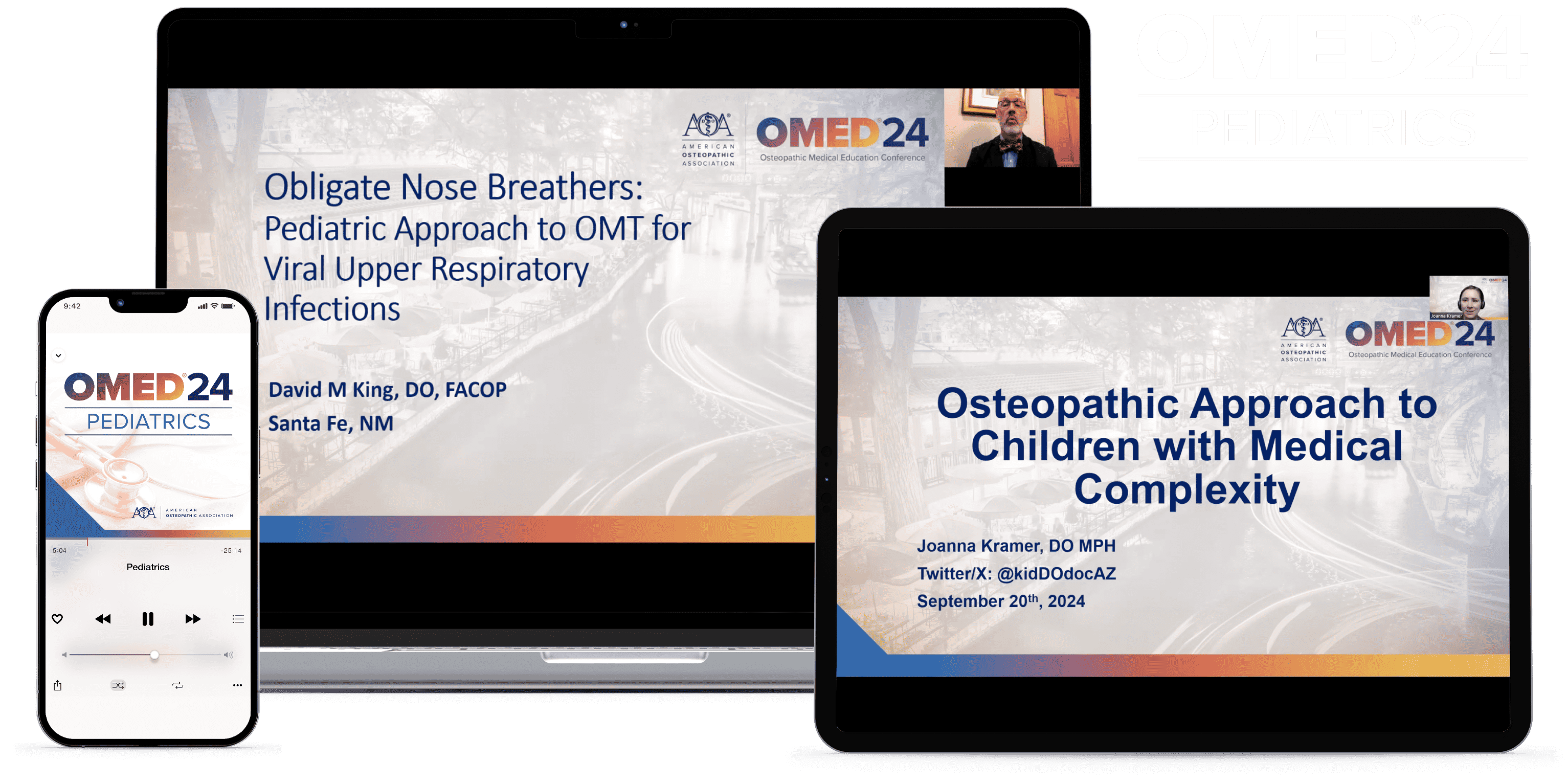 Laptop, tablet, and phone with OMED 2024 - Pediatrics course on screen