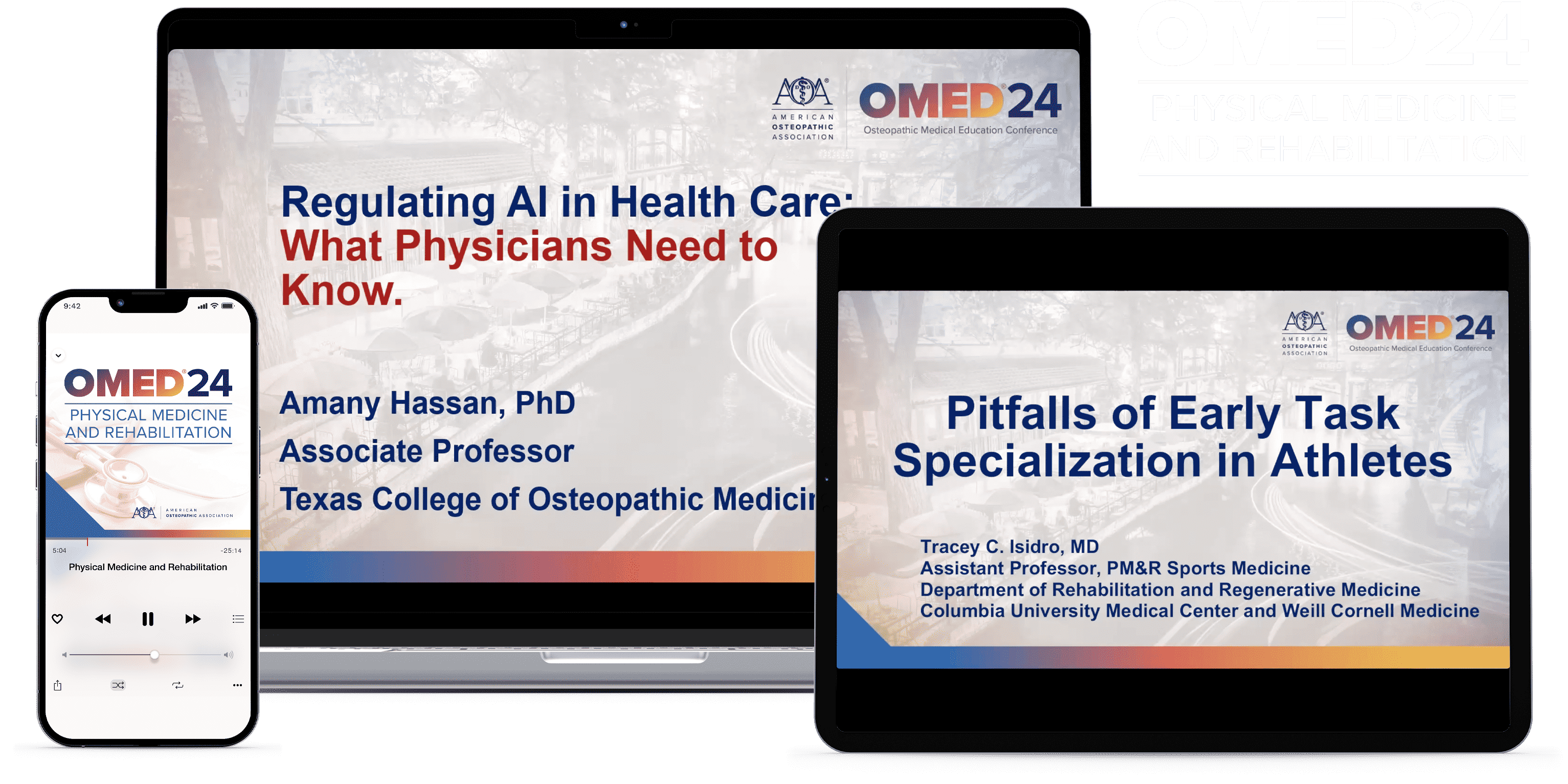 Laptop, tablet, and phone with OMED 2024 - physical-medicine-and-rehabilitation course on screen