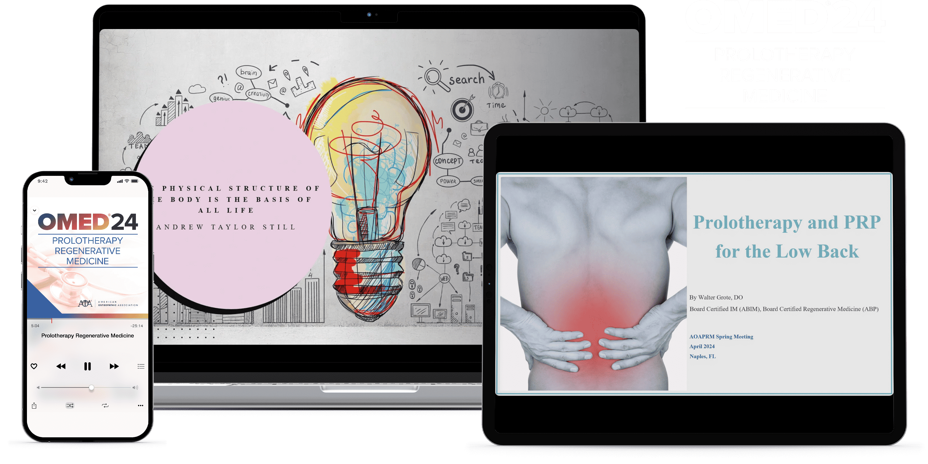 Laptop, tablet, and phone with OMED 2024 - prolotherapy-regenerative-medicine course on screen