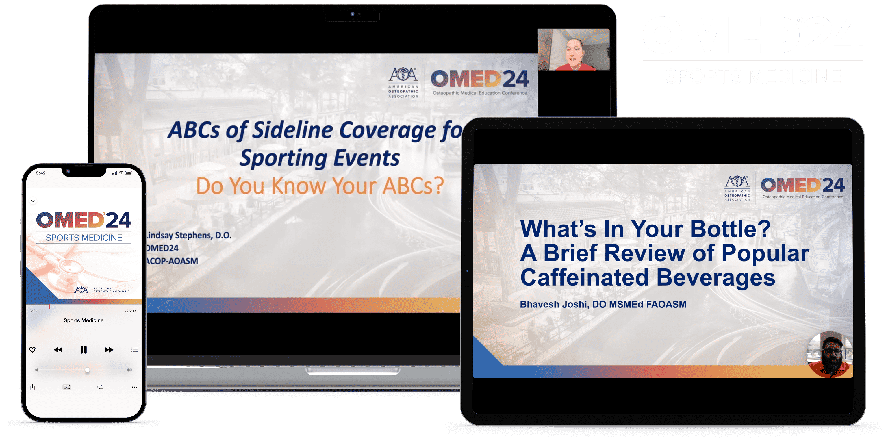 Laptop, tablet, and phone with OMED 2024 - sports-medicine course on screen