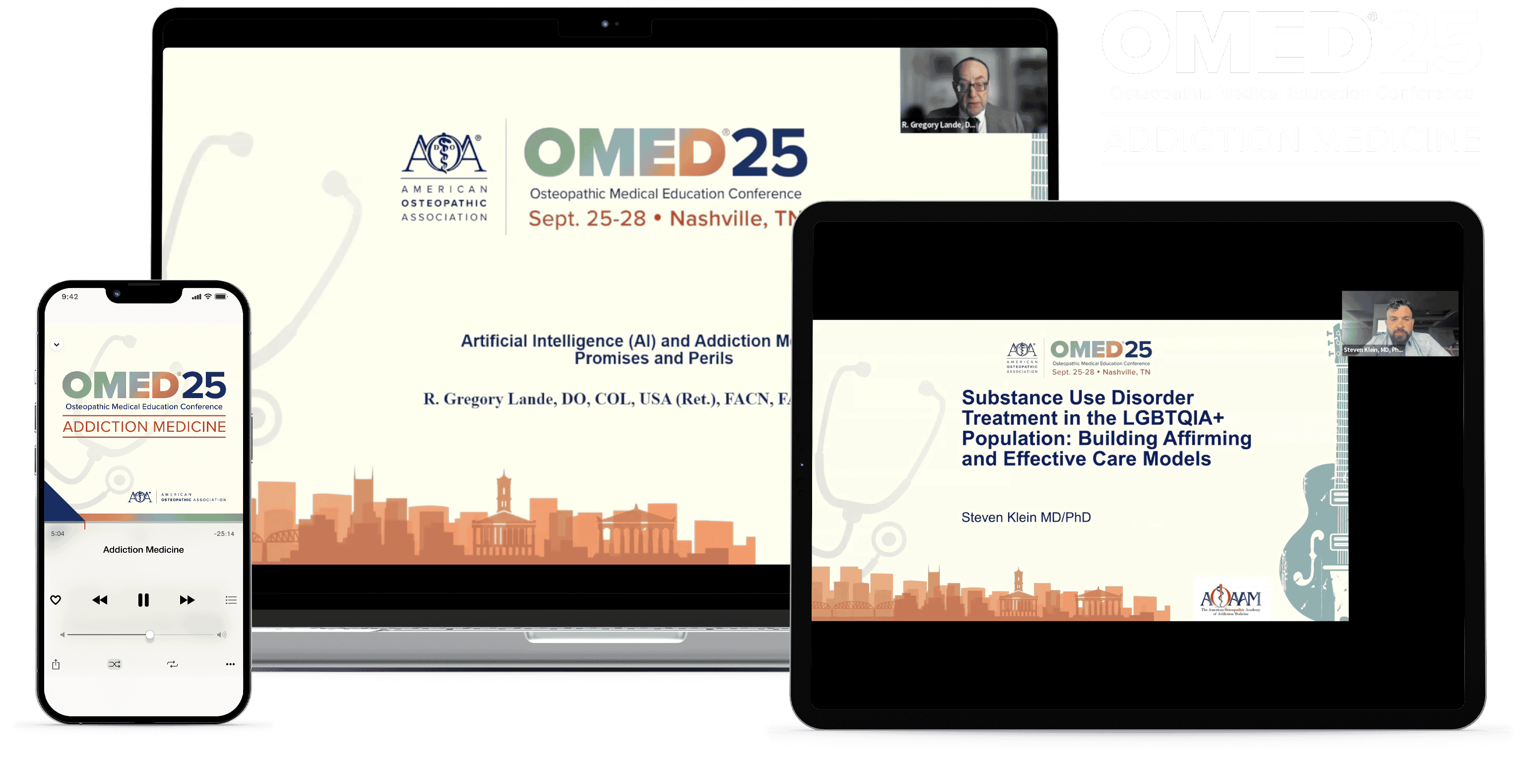 Laptop, tablet, and phone with OMED 2025 - Addiction Medicine course on screen