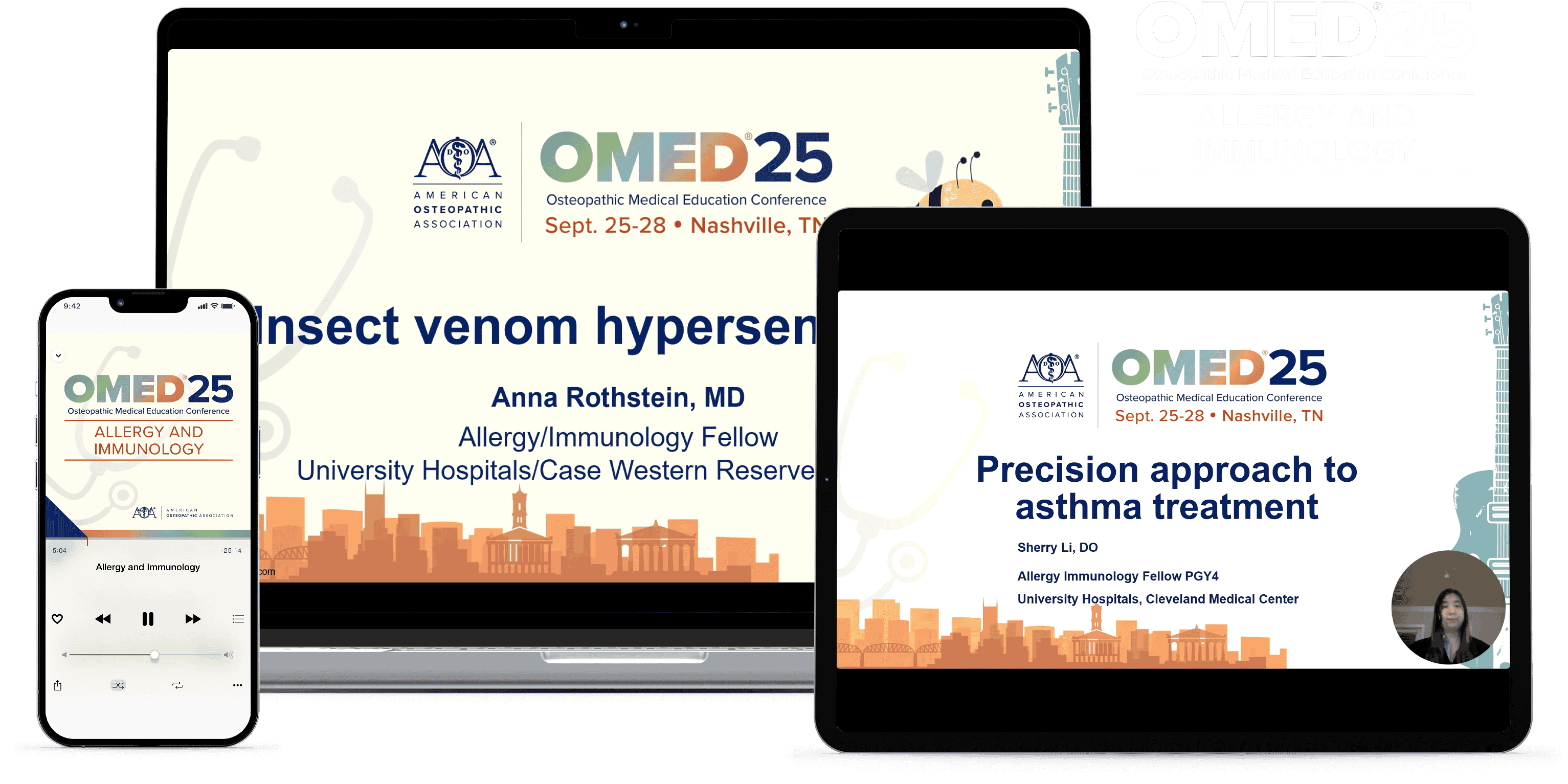 Laptop, tablet, and phone with OMED 2025 - Allergy and Immunology course on screen
