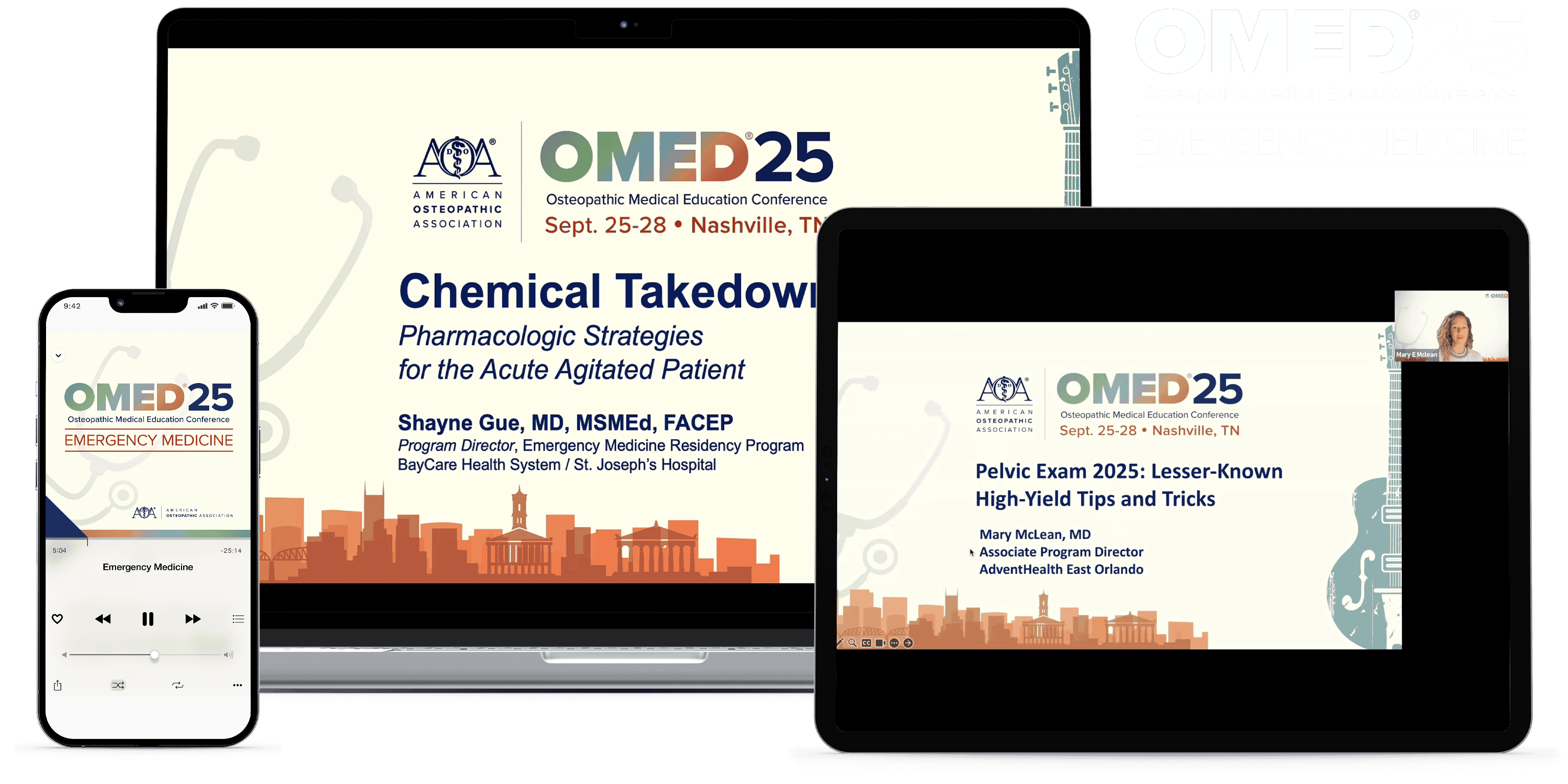 Laptop, tablet, and phone with OMED 2025 - Emergency Medicine course on screen