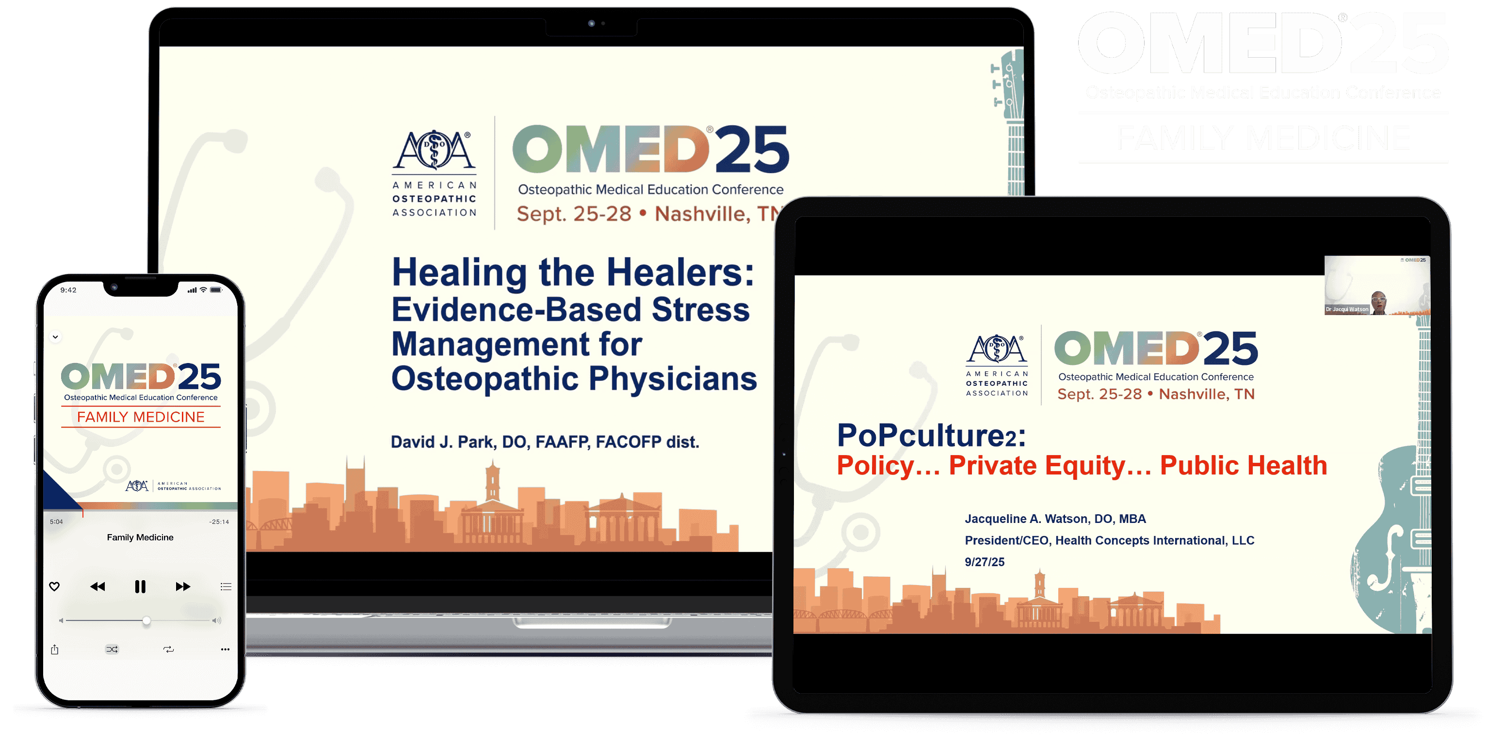 Laptop, tablet, and phone with OMED 2025 - Family Medicine course on screen