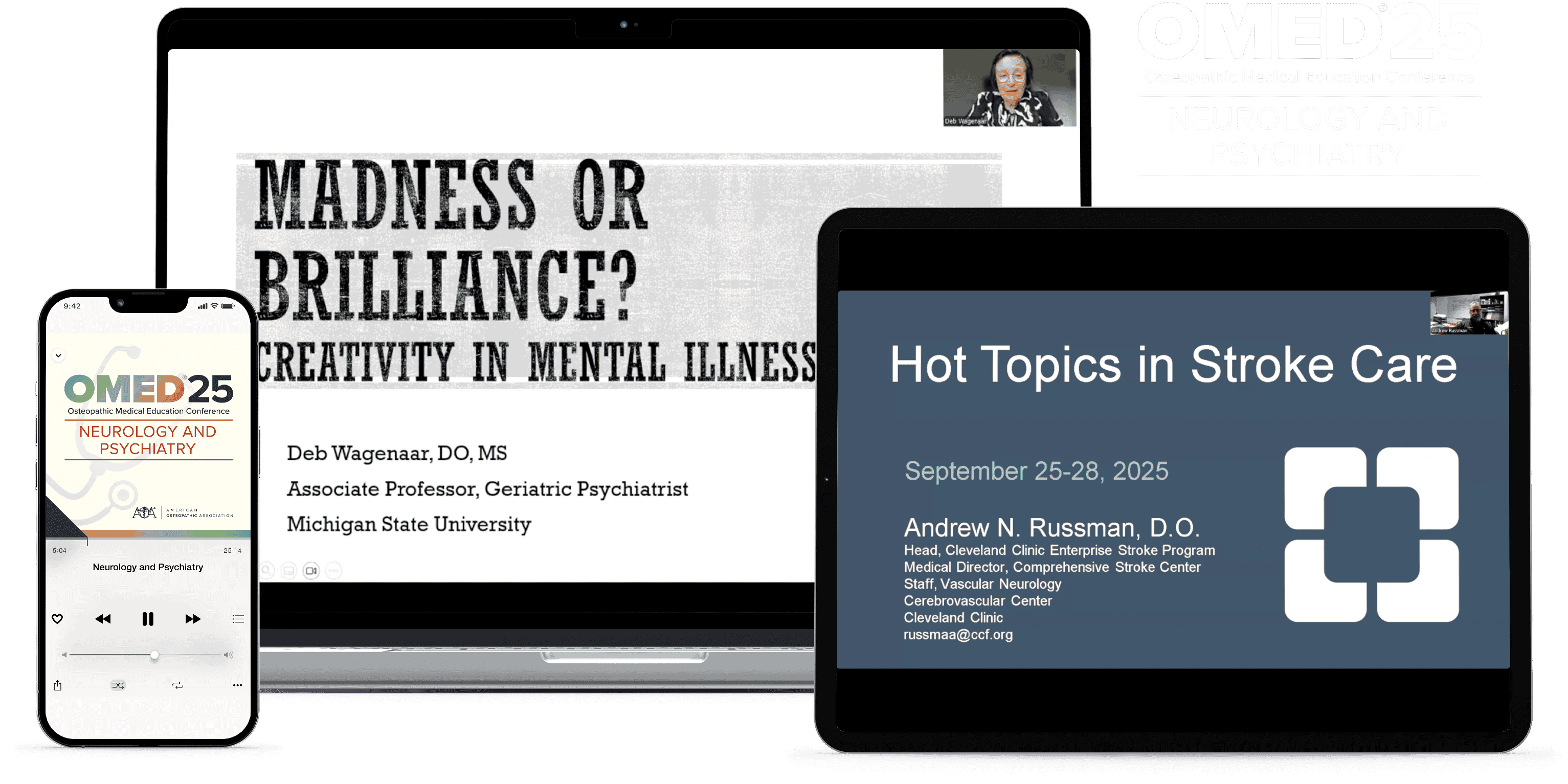 Laptop, tablet, and phone with OMED 2025 - Neurology and Psychiatry course on screen