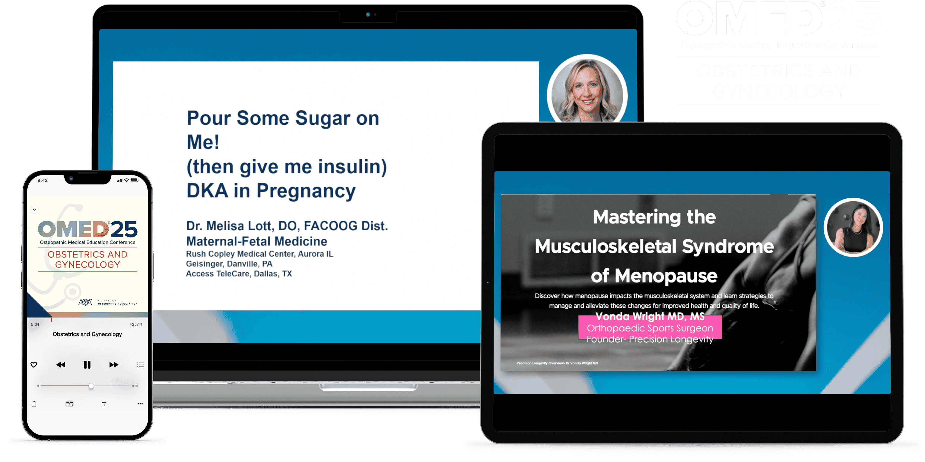 Laptop, tablet, and phone with OMED 2025 - Obstetrics and Gynecology course on screen