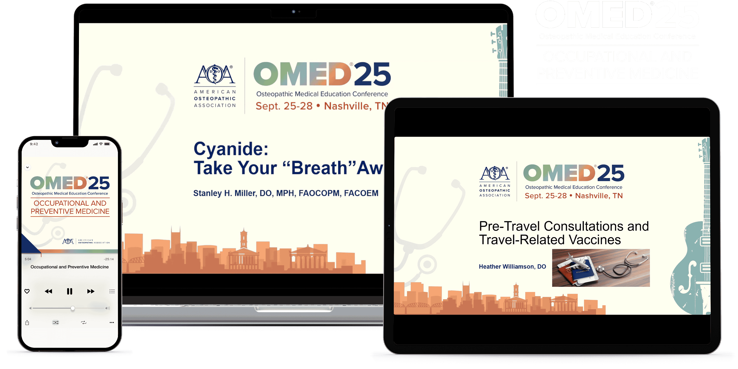 Laptop, tablet, and phone with OMED 2025 - Occupational and Preventive Medicine course on screen
