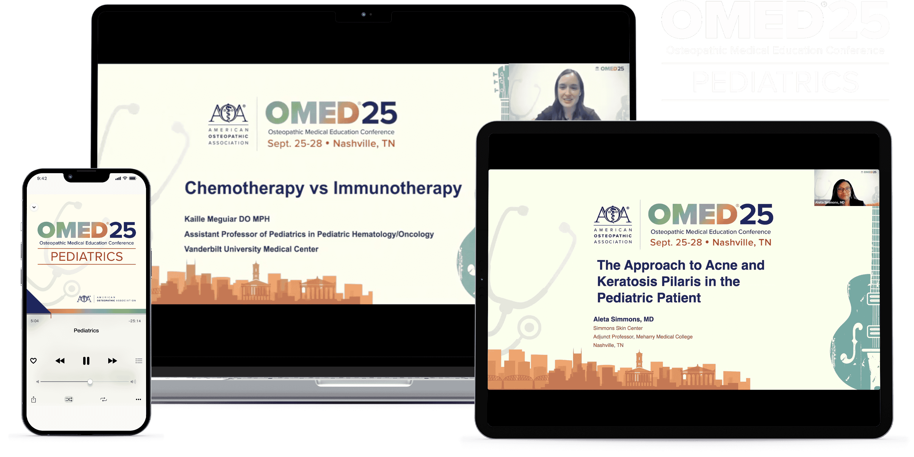 Laptop, tablet, and phone with OMED 2025 - Pediatrics course on screen