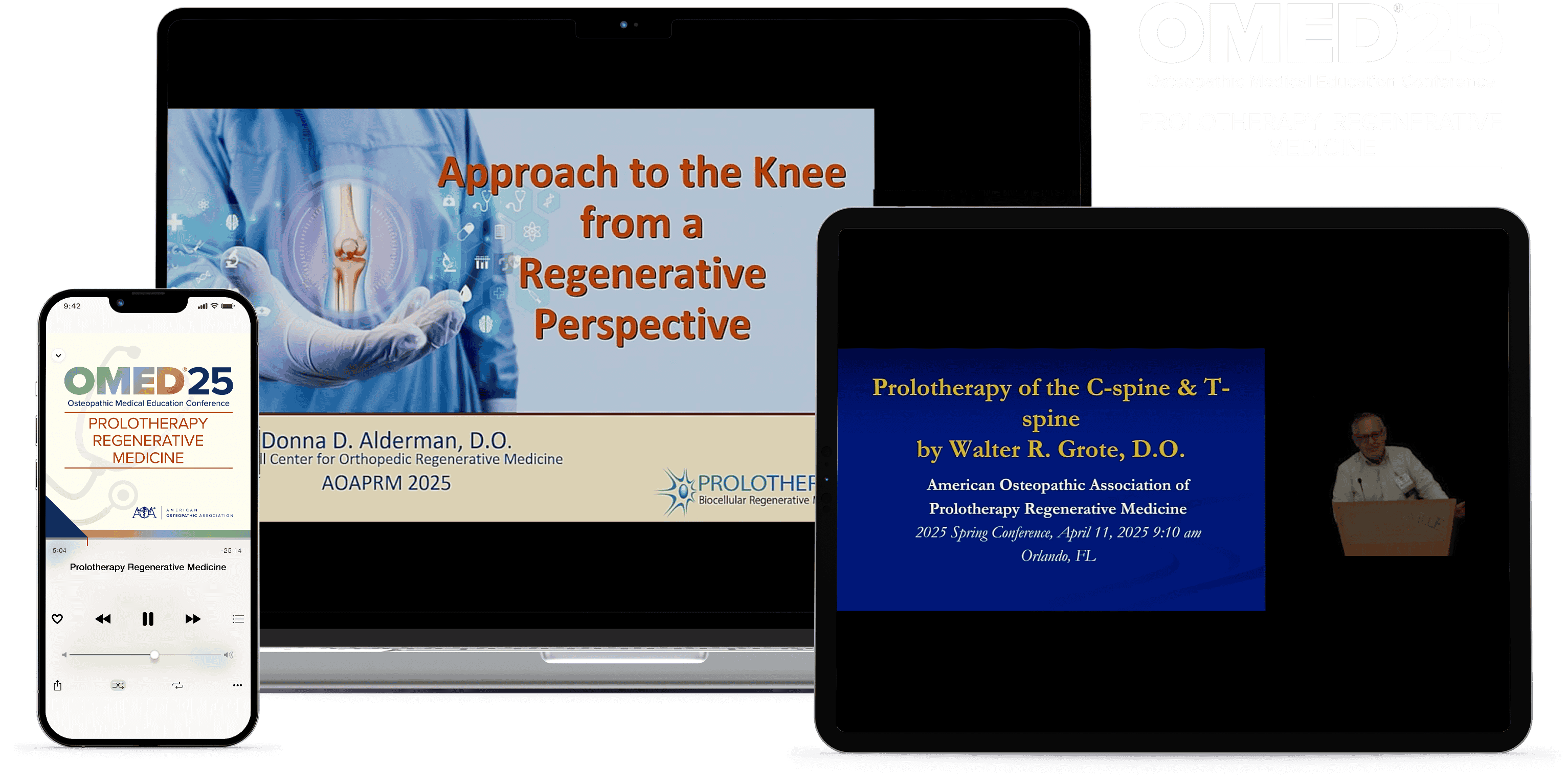 Laptop, tablet, and phone with OMED 2025 - prolotherapy-regenerative-medicine course on screen