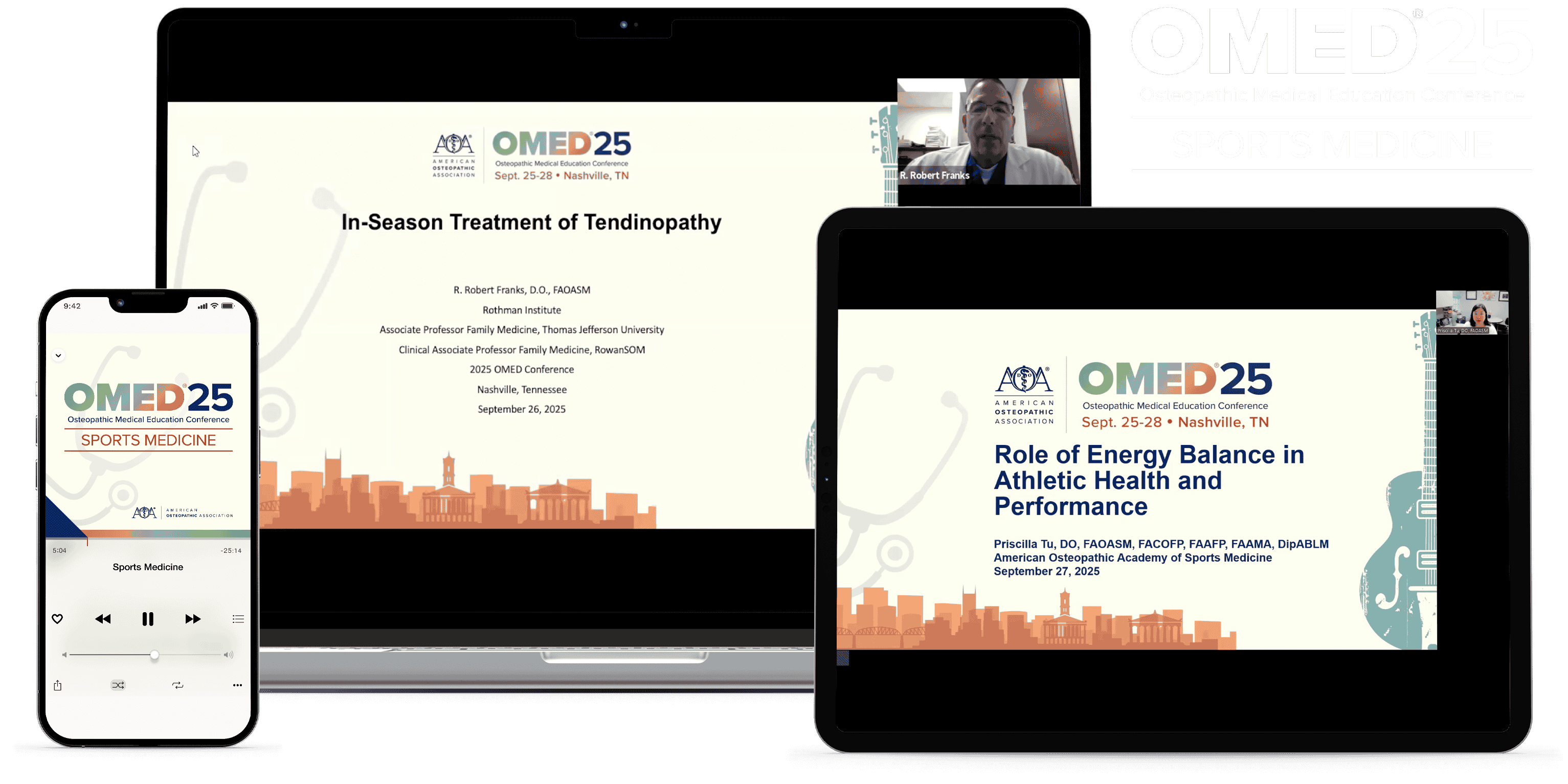 Laptop, tablet, and phone with OMED 2025 - sports-medicine course on screen