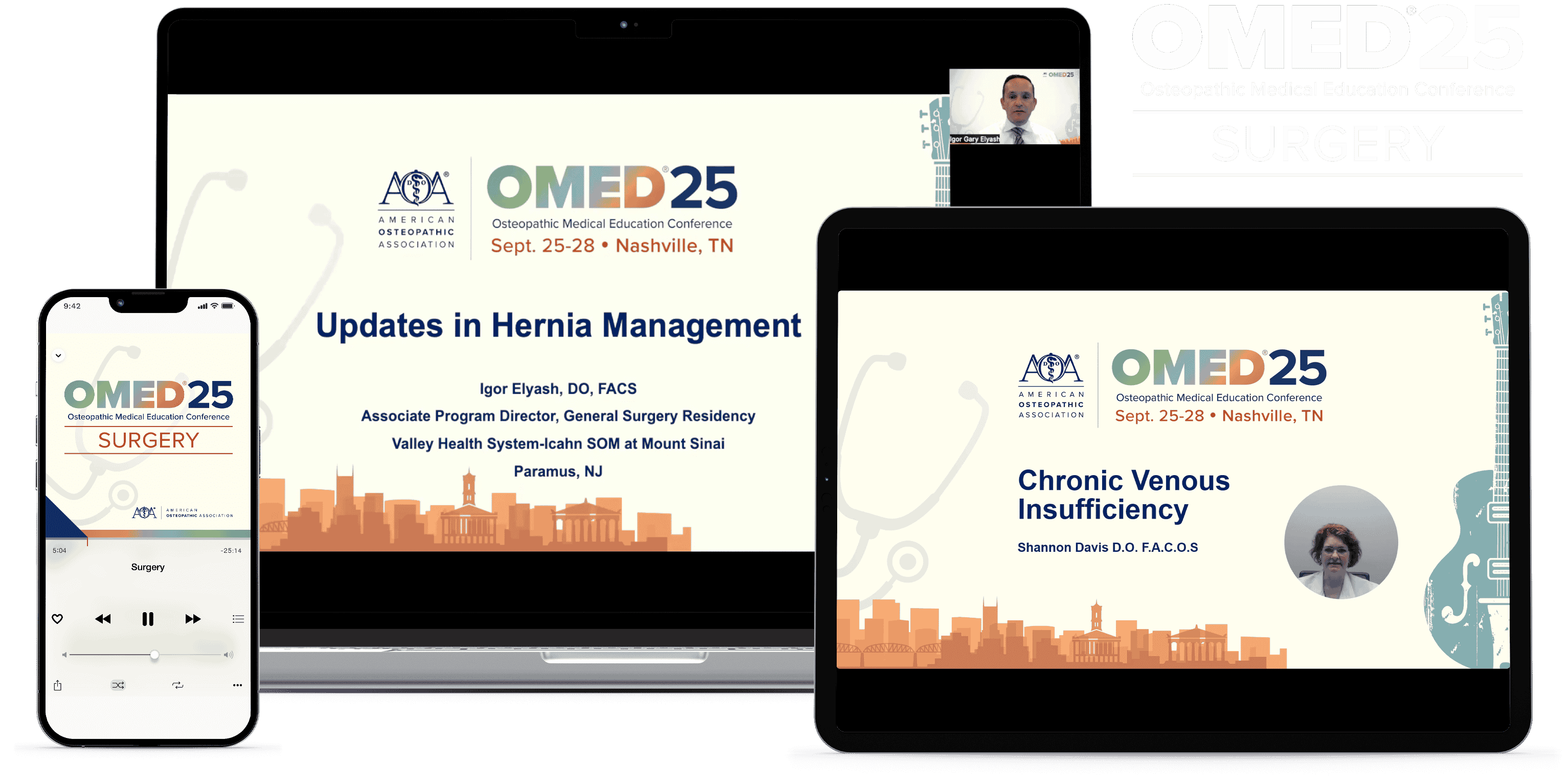 Laptop, tablet, and phone with OMED 2025 - Surgery course on screen